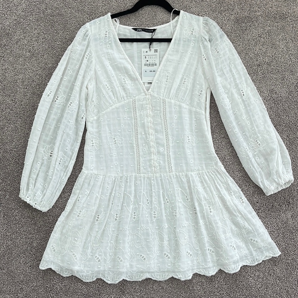 New Zara white embroidery short dress size S